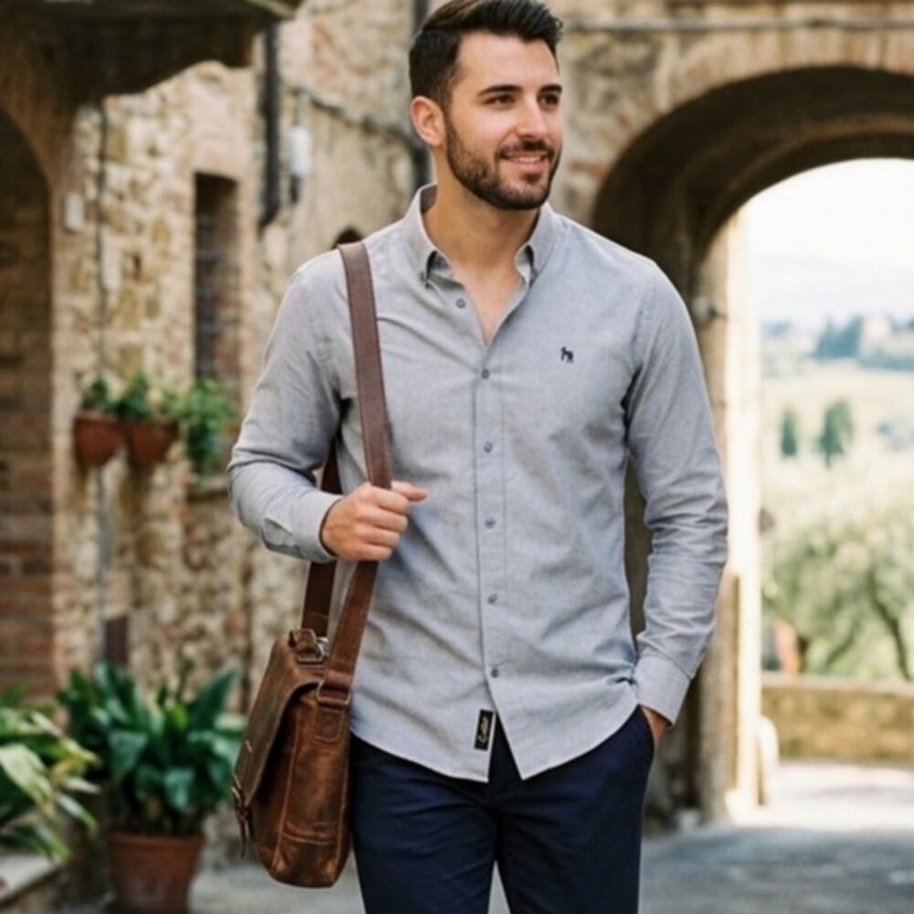 Cadini Oxford Dress Shirt Slim Fit Gray Cotton Long Sleeve Button Down Shirt